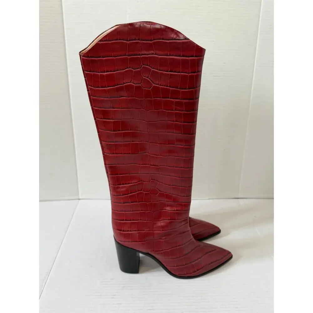 NWOT Women's Schutz Maryana Block Leather Wide Red-Brown Croc Embossed Boot 8.5